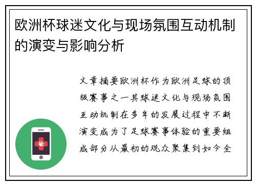 欧洲杯球迷文化与现场氛围互动机制的演变与影响分析