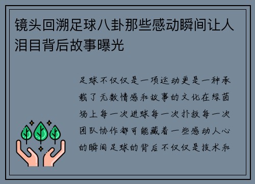 镜头回溯足球八卦那些感动瞬间让人泪目背后故事曝光