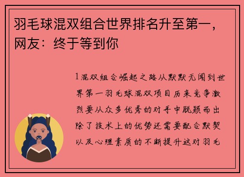 羽毛球混双组合世界排名升至第一，网友：终于等到你