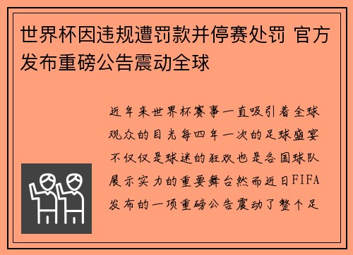 世界杯因违规遭罚款并停赛处罚 官方发布重磅公告震动全球
